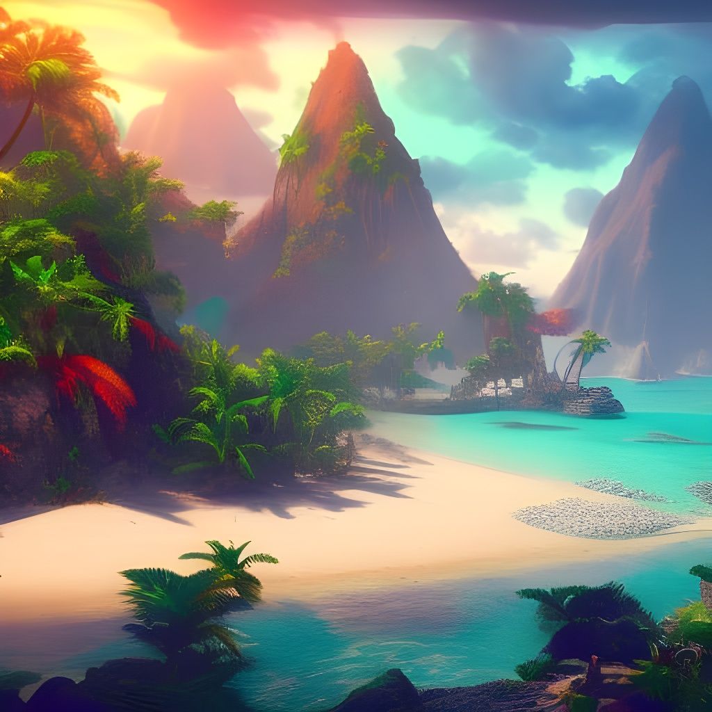 Lush Tropical Island in Detailed Fantasy Art