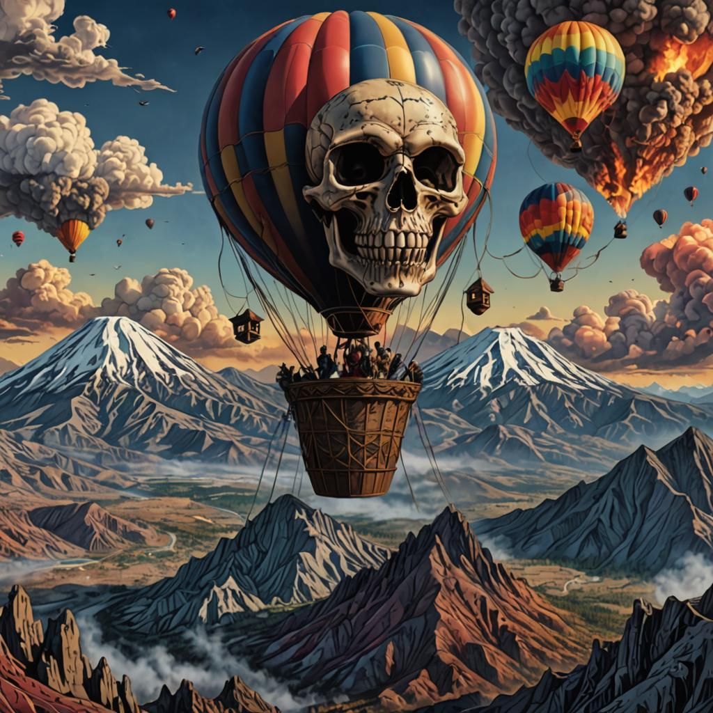 Skull Balloon Over Erupting Volcano, Fantasy Art