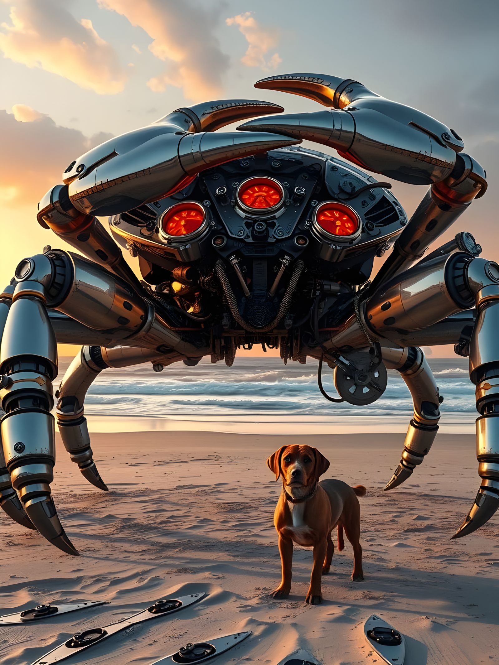 Giant Steampunk Crab Robot Walks on Beach at Sunrise
