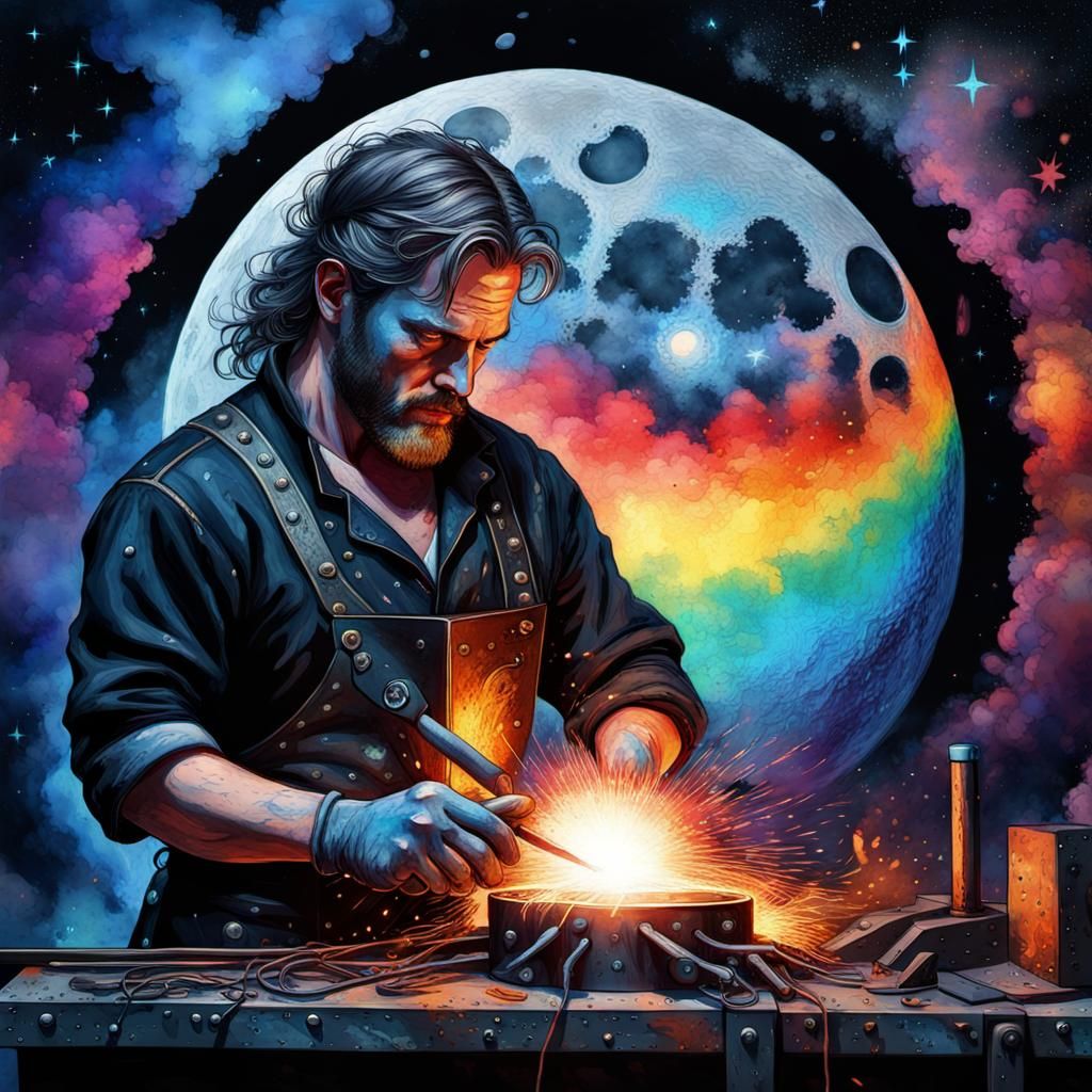 Steampunk Blacksmith Welding Metal: Gothic Impressionist Pai...