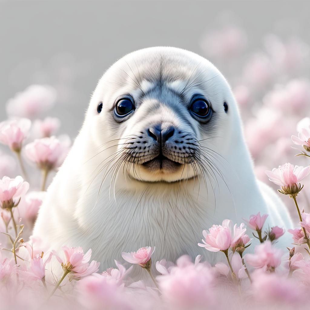 Cute Pink Fur Seal in Pastel Floral Haze