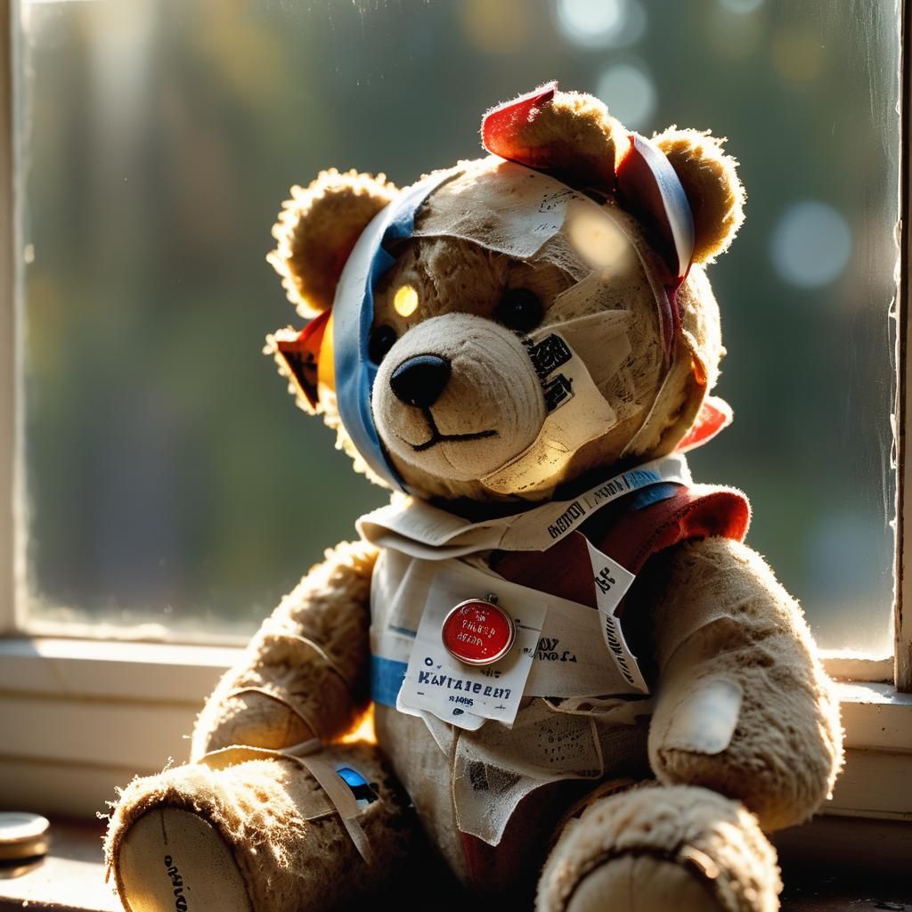 Bandaged Teddy Bear's Golden Hour: A Rockwell-esque Still