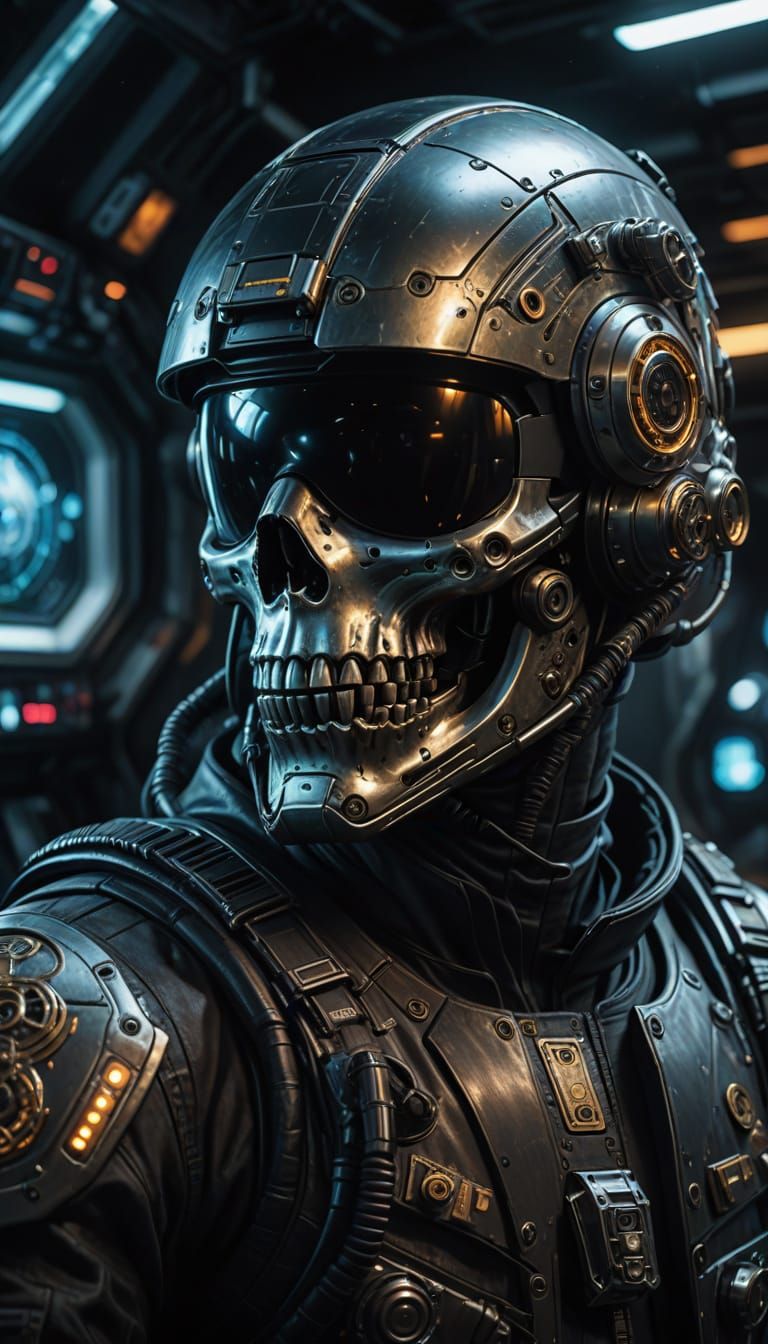 Cyberpunk Man in Skull Helmet at Spacecraft Controls