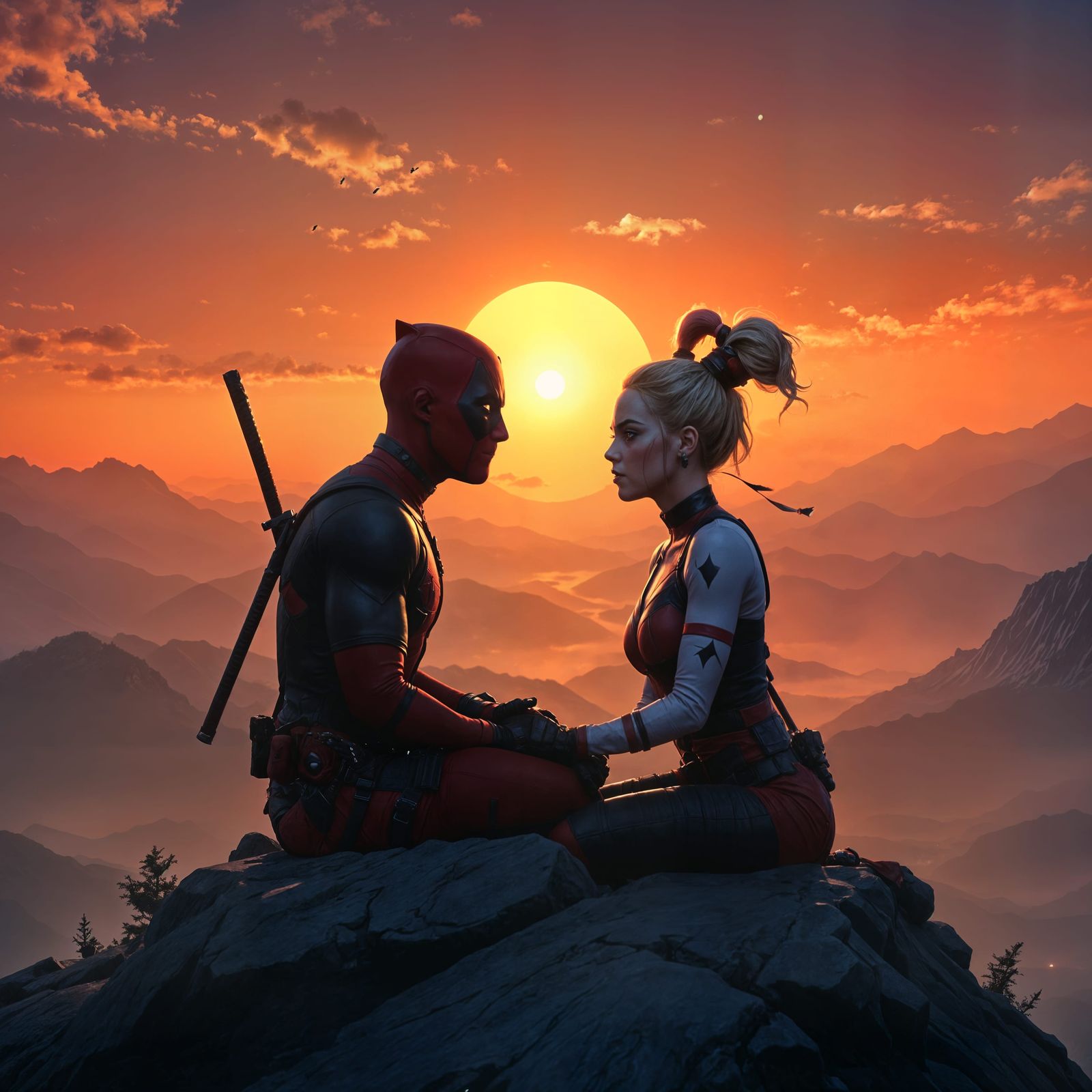 Deadpool and Harley Quinn Silhouetted Against a Sunset on a ...