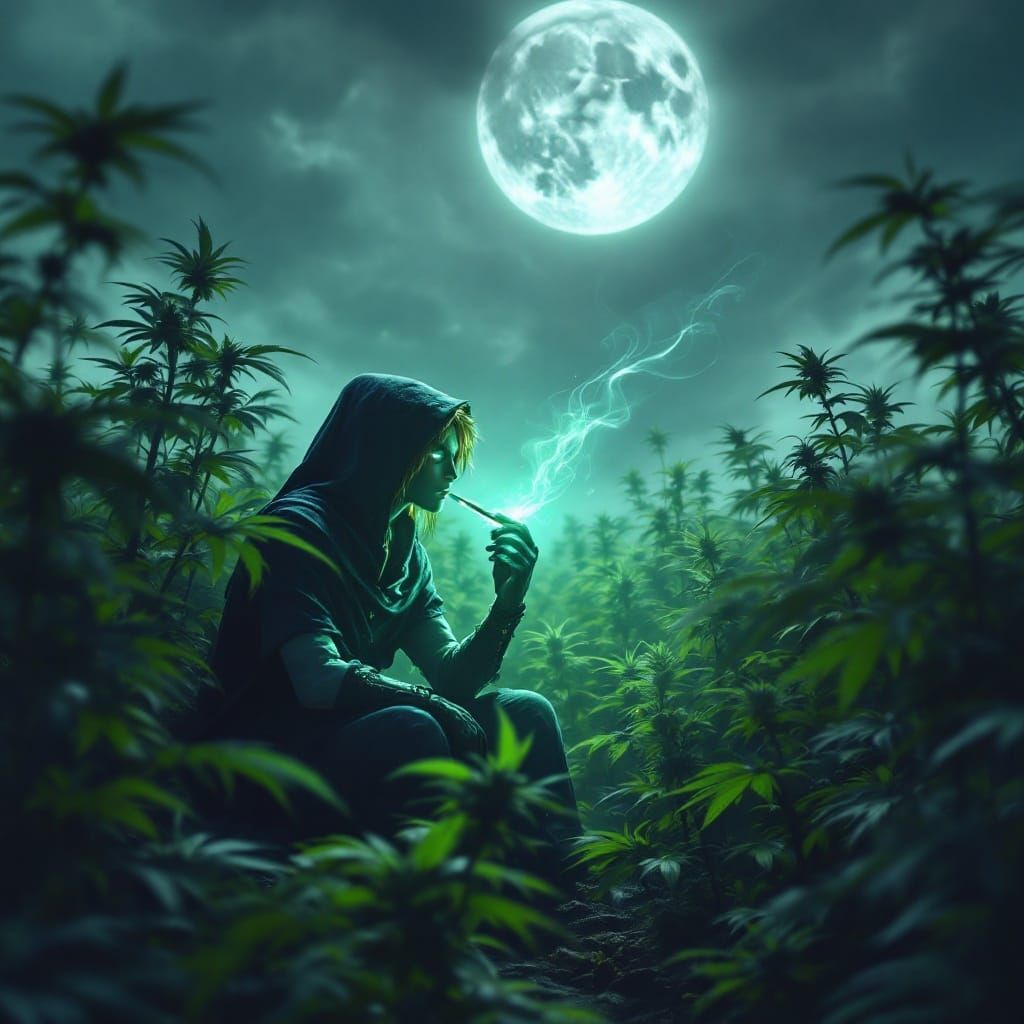 Link in a Vibrant Weed Cathedral Under Dark Fantasy Skies