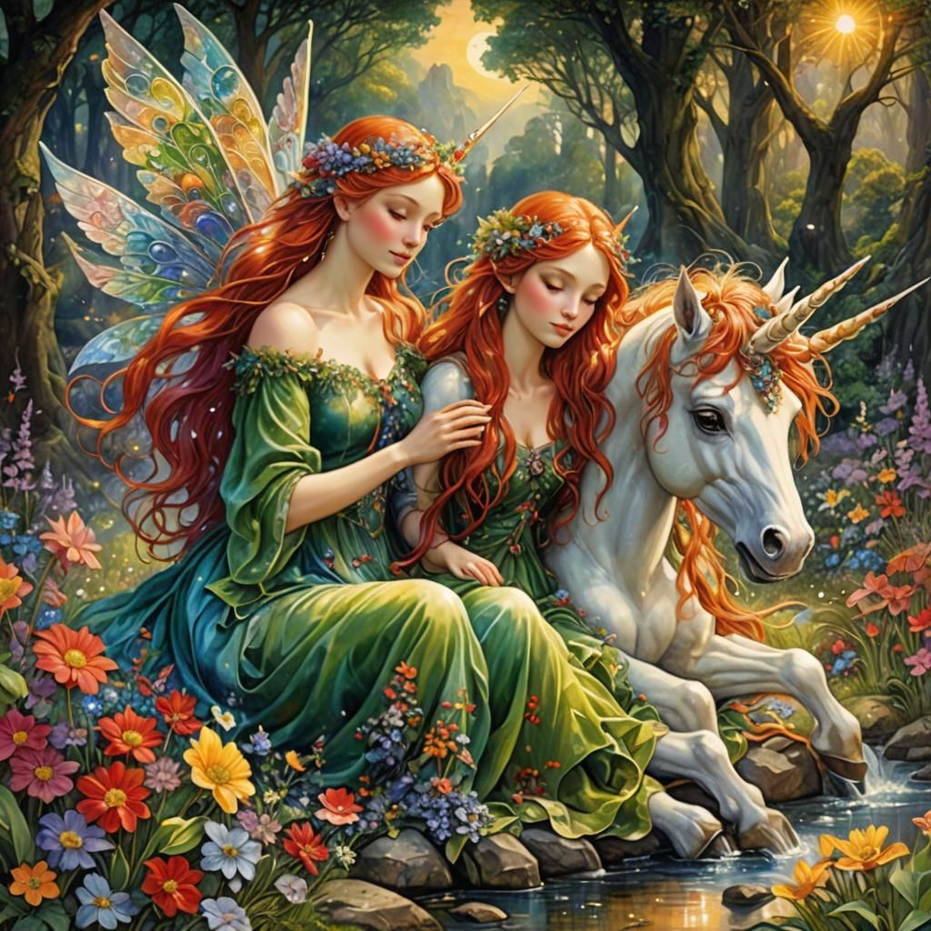 Fairies and Unicorns in Enchanted Meadow