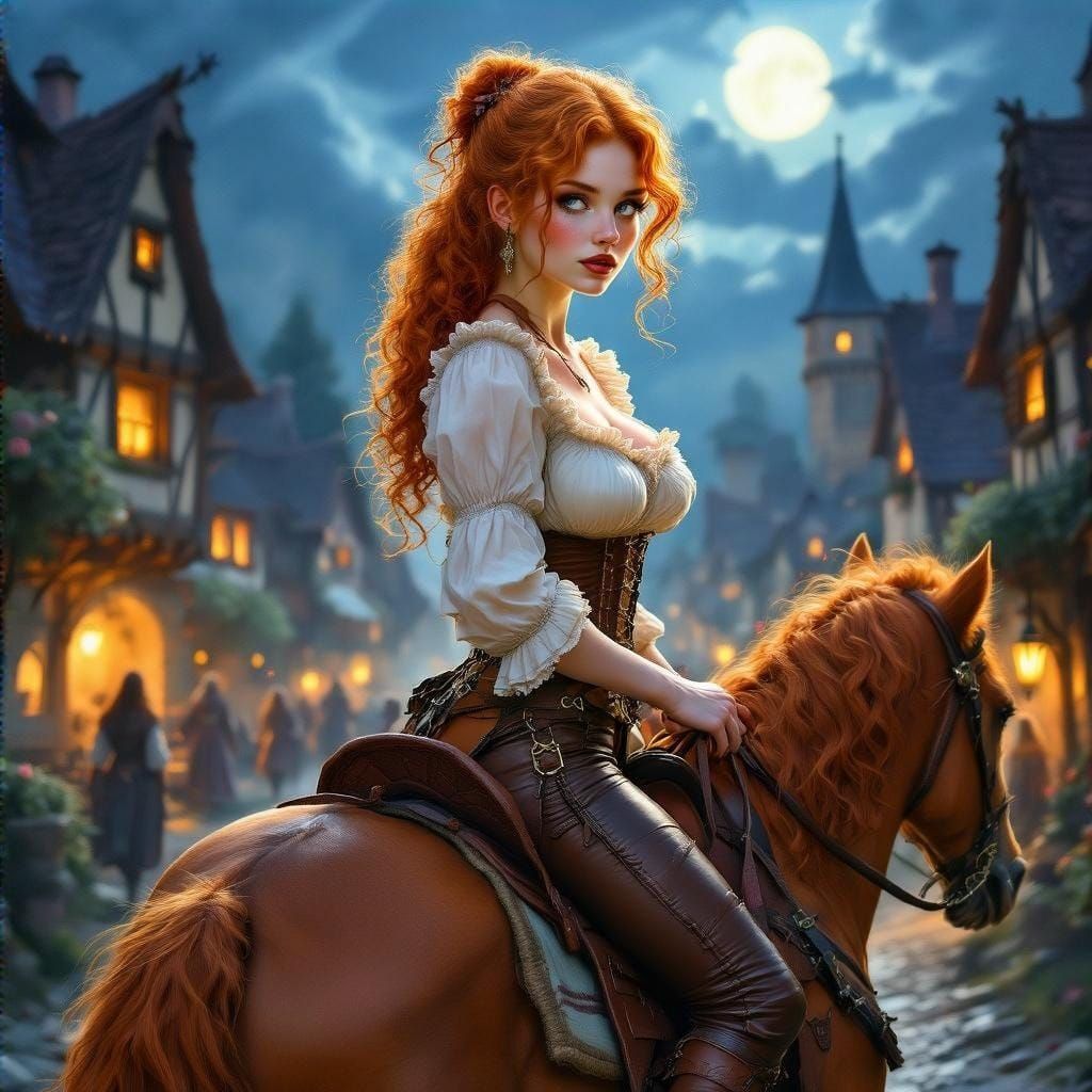 Fantasy Rogue on Horseback in Medieval Village