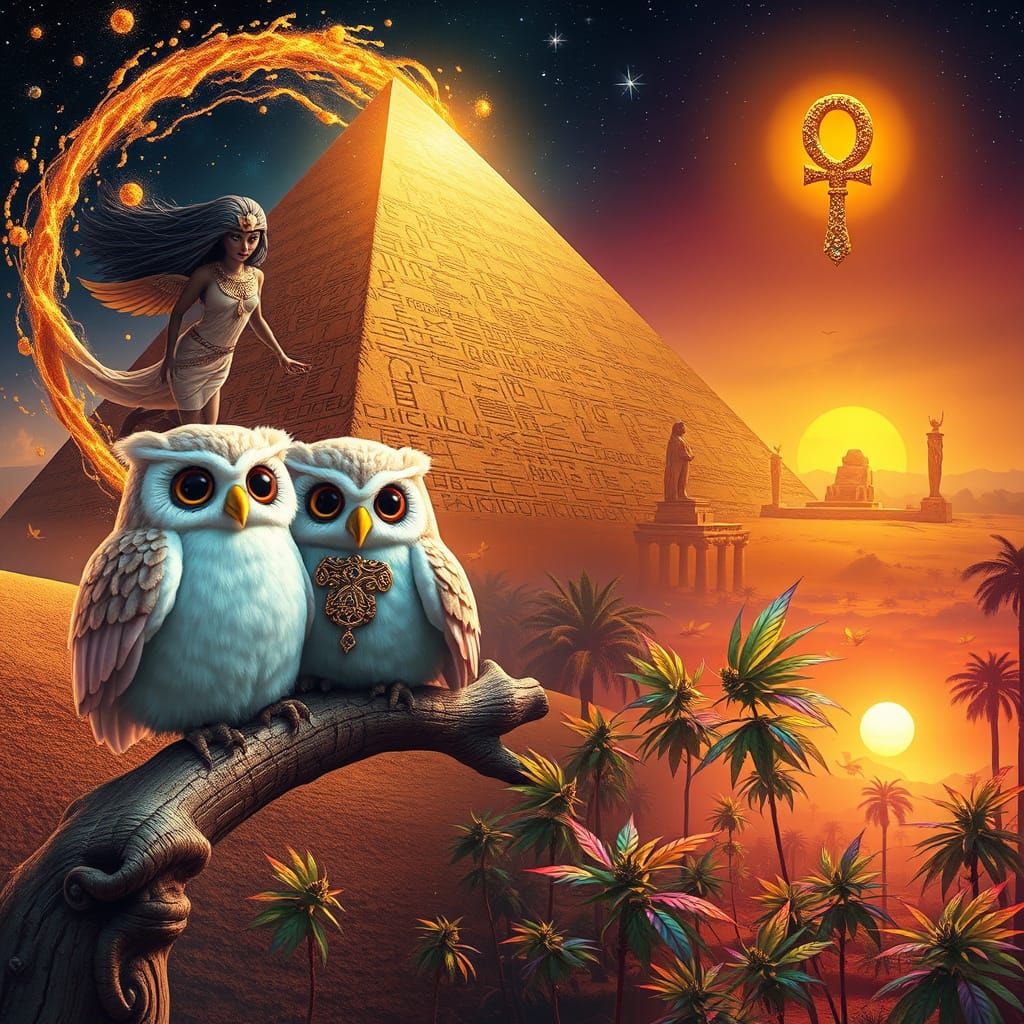 Ancient Egypt Surrealism: Whimsical Owls Amidst Golden Sands...