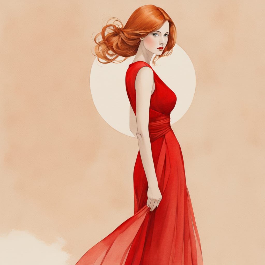 Red-Headed Woman in Red Dress: Watercolor Style