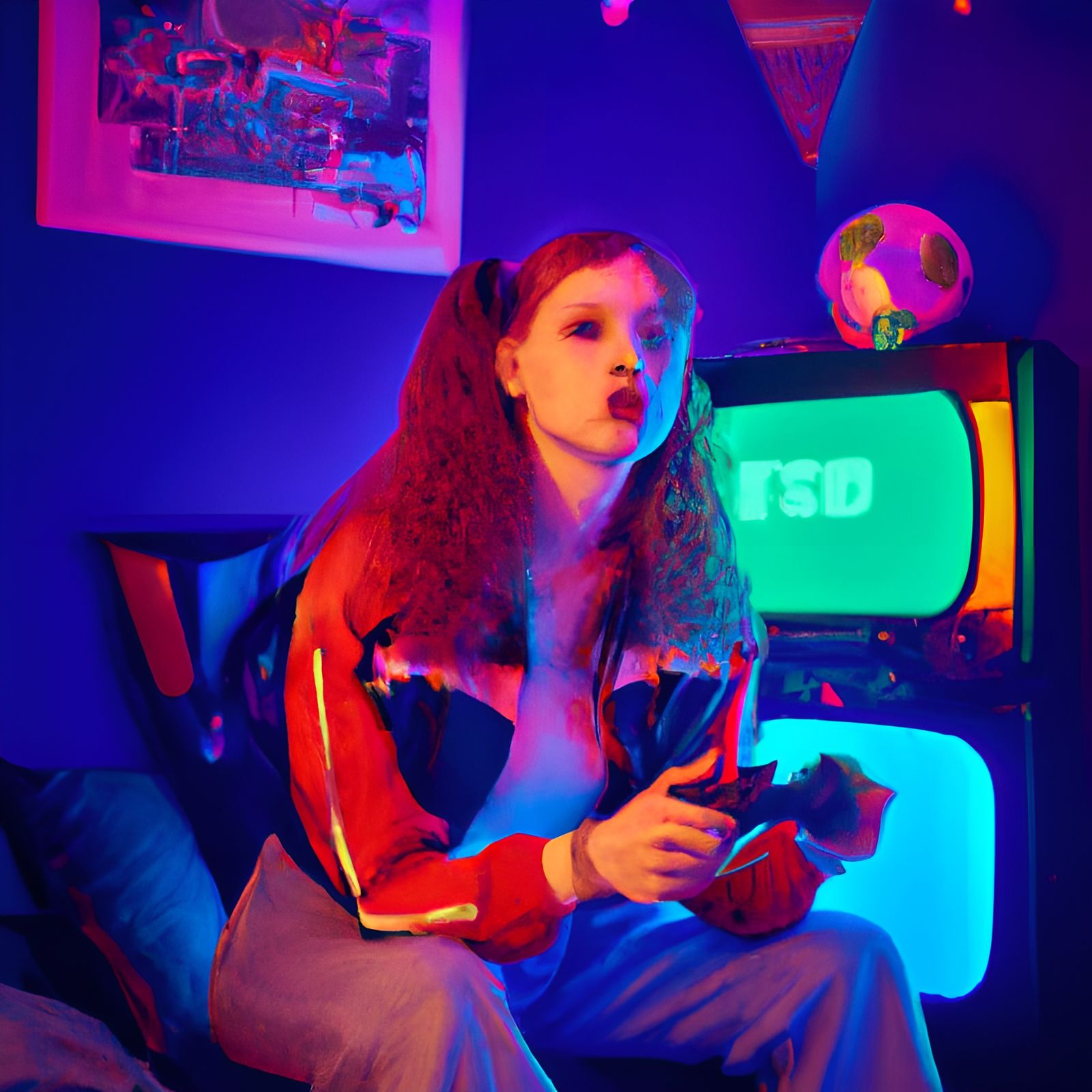 Redhead Gamer in 80s Bedroom with Retrowave Lighting