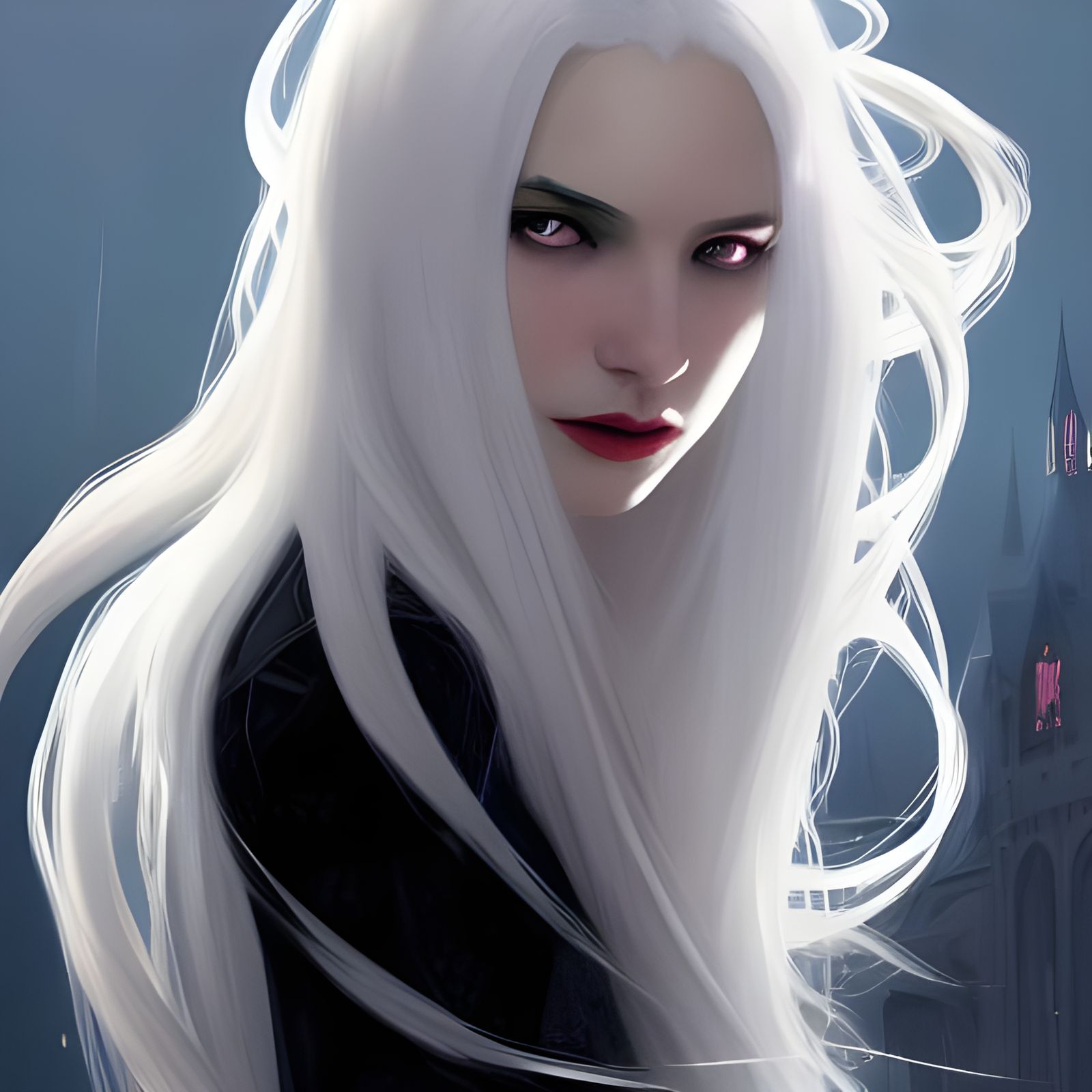 Vampire Girl Portrait with White Hair in Hyperdetailed Style