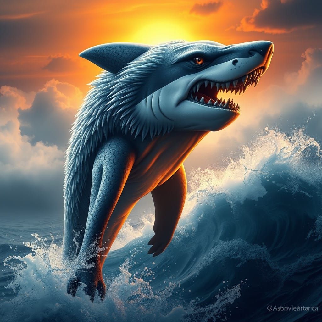 Wolf Shark Hybrid in Hyper-Realistic Cyberpunk Style