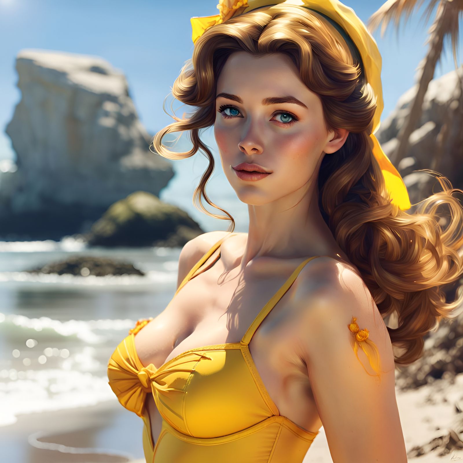 Princess Belle in Yellow Swimsuit at the Beach