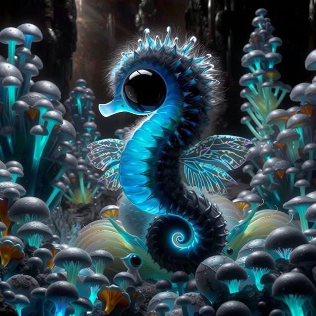 Iridescent Seahorse with Wings in Crystal Cave