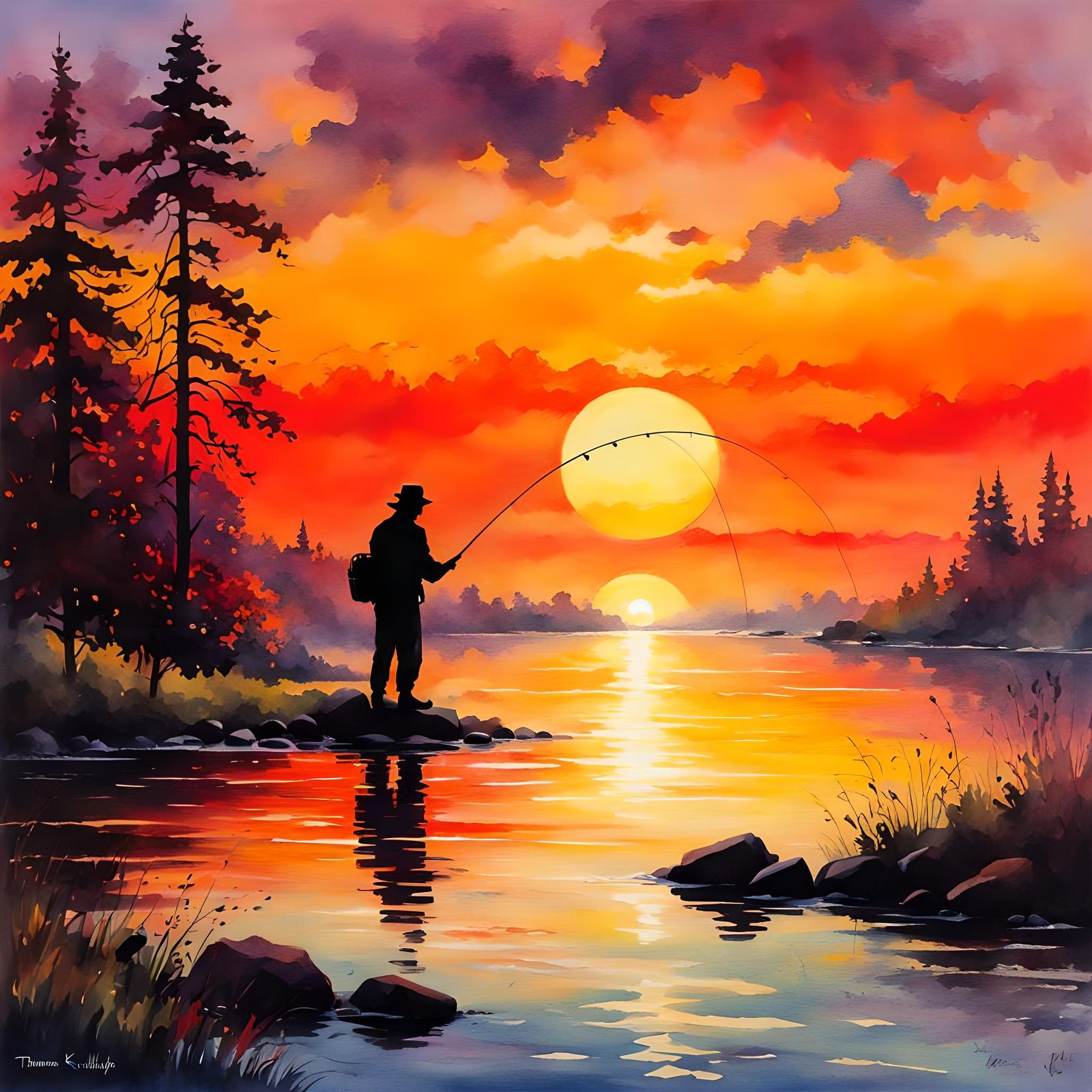 Sunset Fishing Silhouette in Watercolor Style