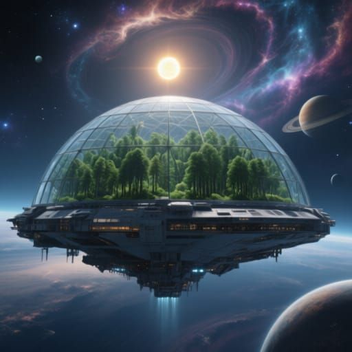 Spaceship with Forest Under Glass Dome in Cosmic Sky