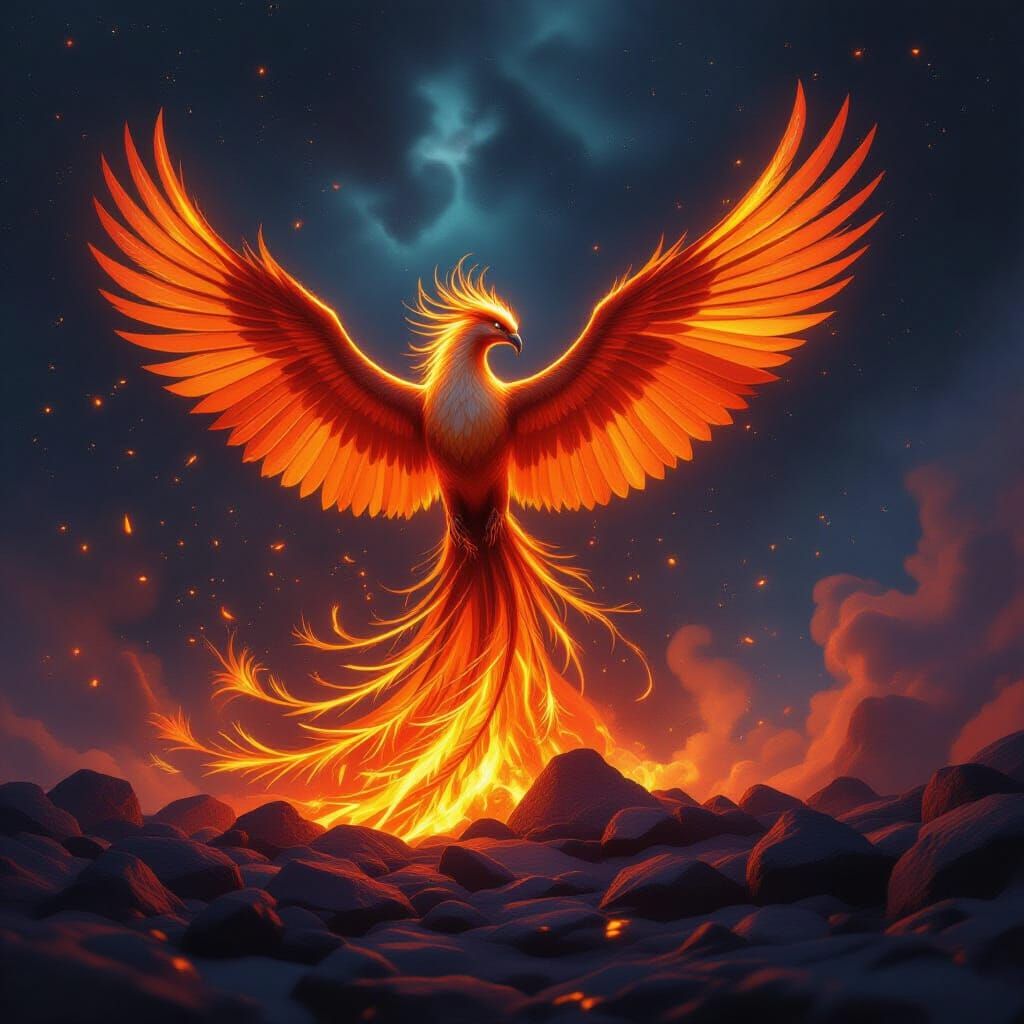 Majestic Phoenix Rises from Embers in Cosmic Nebula