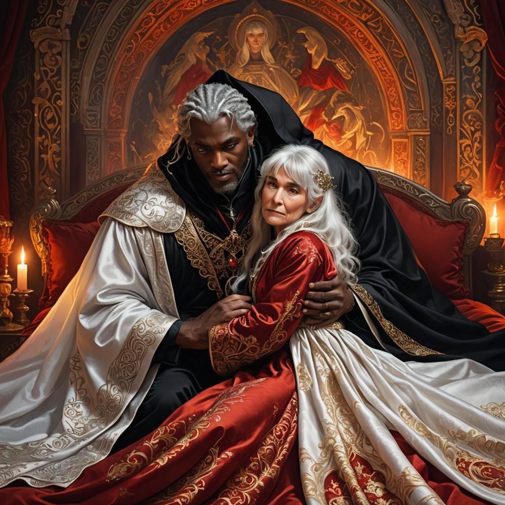 Romantic Sorcerers' Passionate Embrace in Crimson Bed