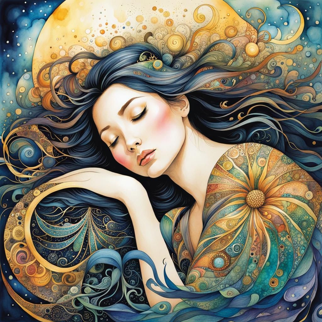 Dreamlike Sleep in Surreal Watercolor Ink