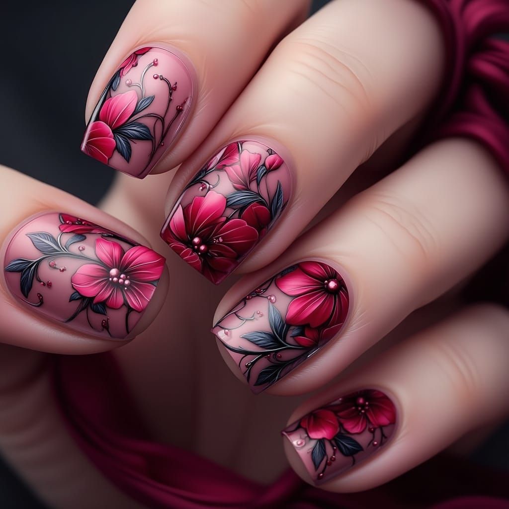 Gothic Macro Shot of Floral Acrylic Nails