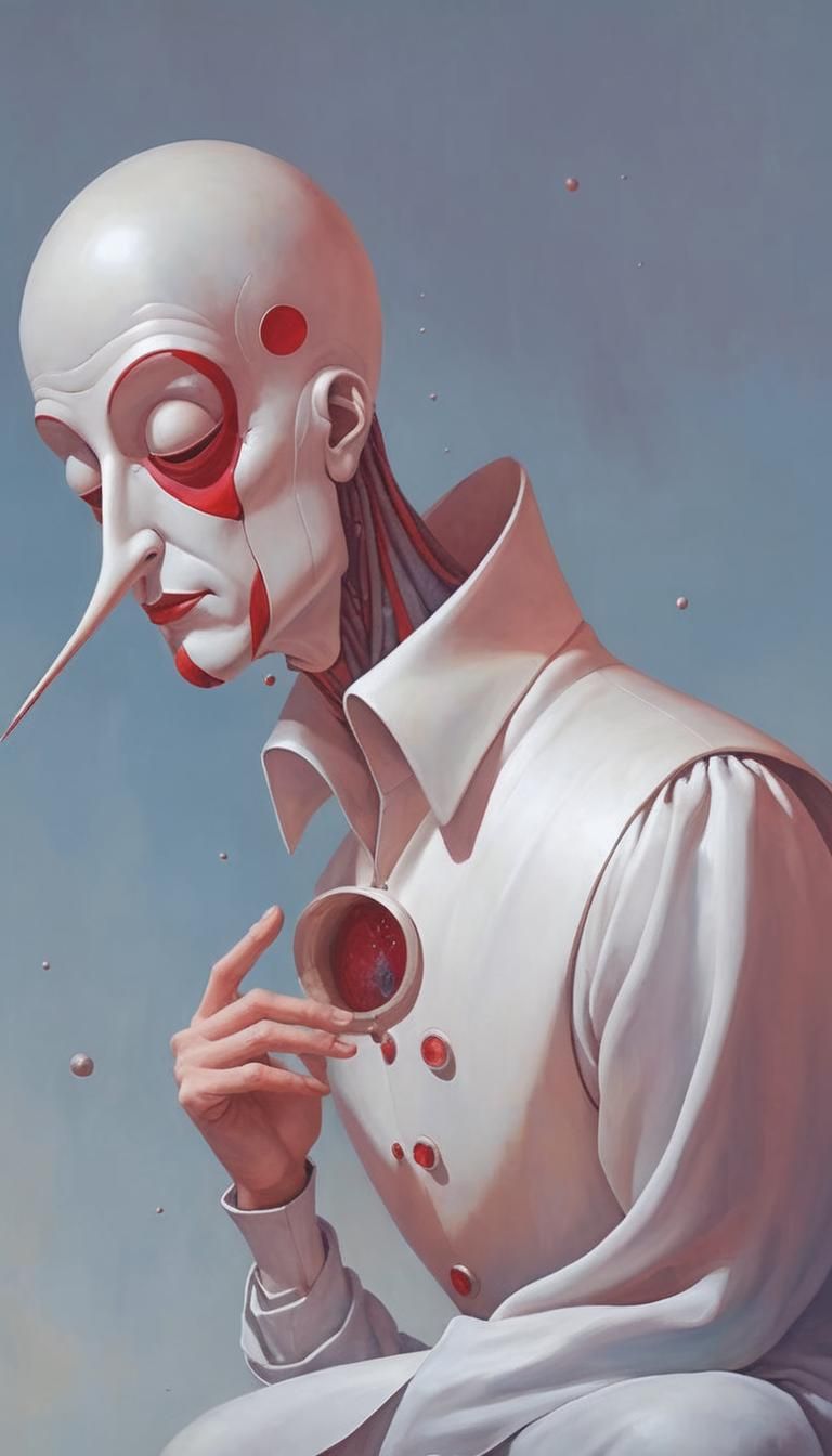 Surreal Puppet in Dimly Lit Theatre