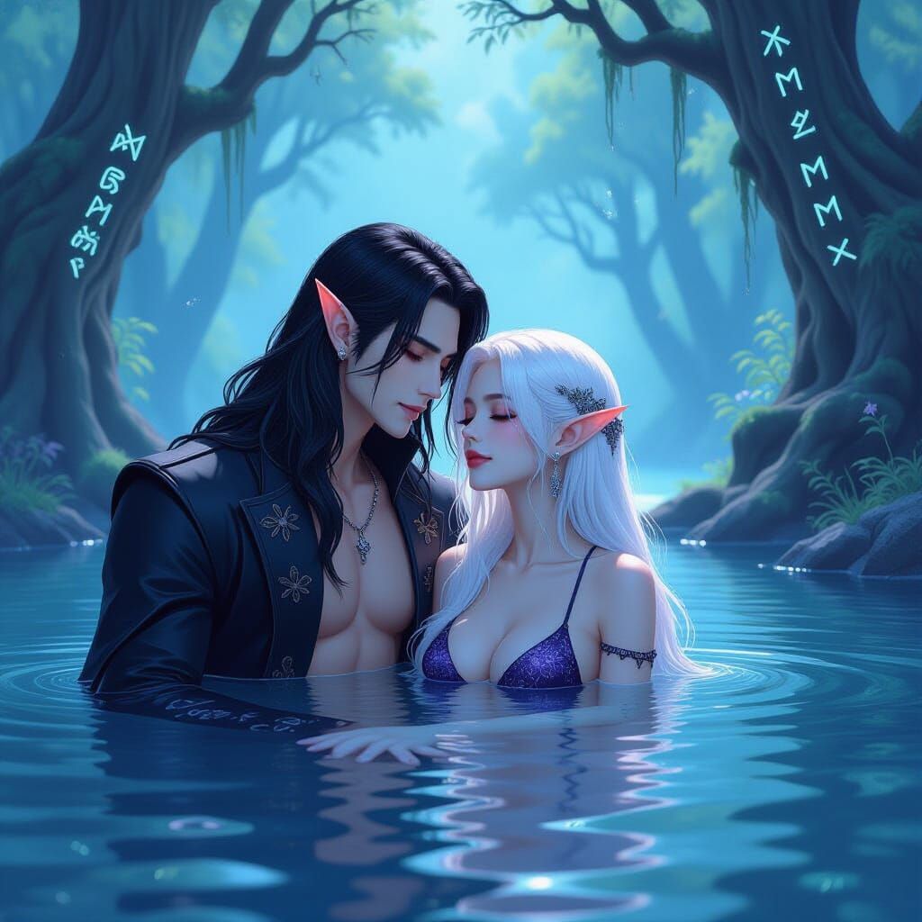 Vampire and Elf Couple Bathing in Ethereal Forest Lake