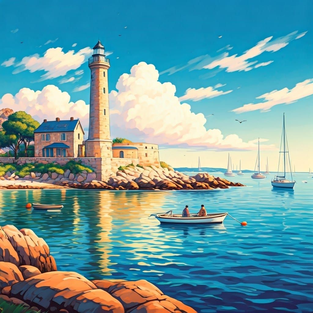 Seaside Village with Lighthouse in Travel Poster Style