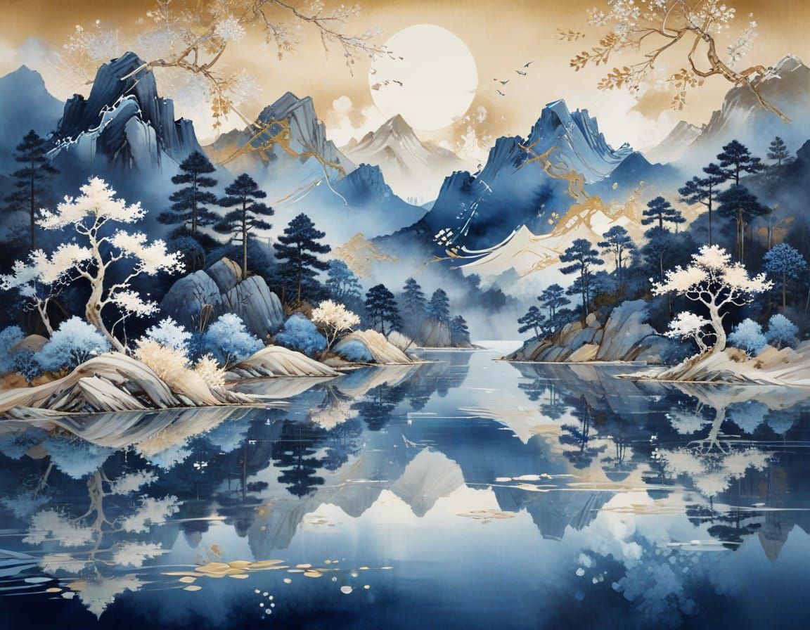 Crystal Mountain Lake Landscape in Chinese Ink Style