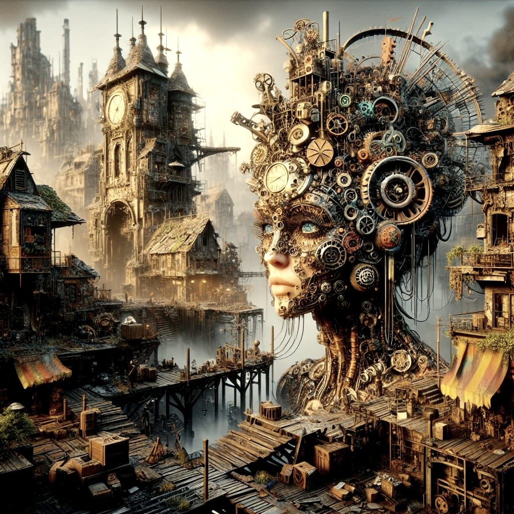 Dieselpunk Clockwork Woman in Surreal Cityscape
