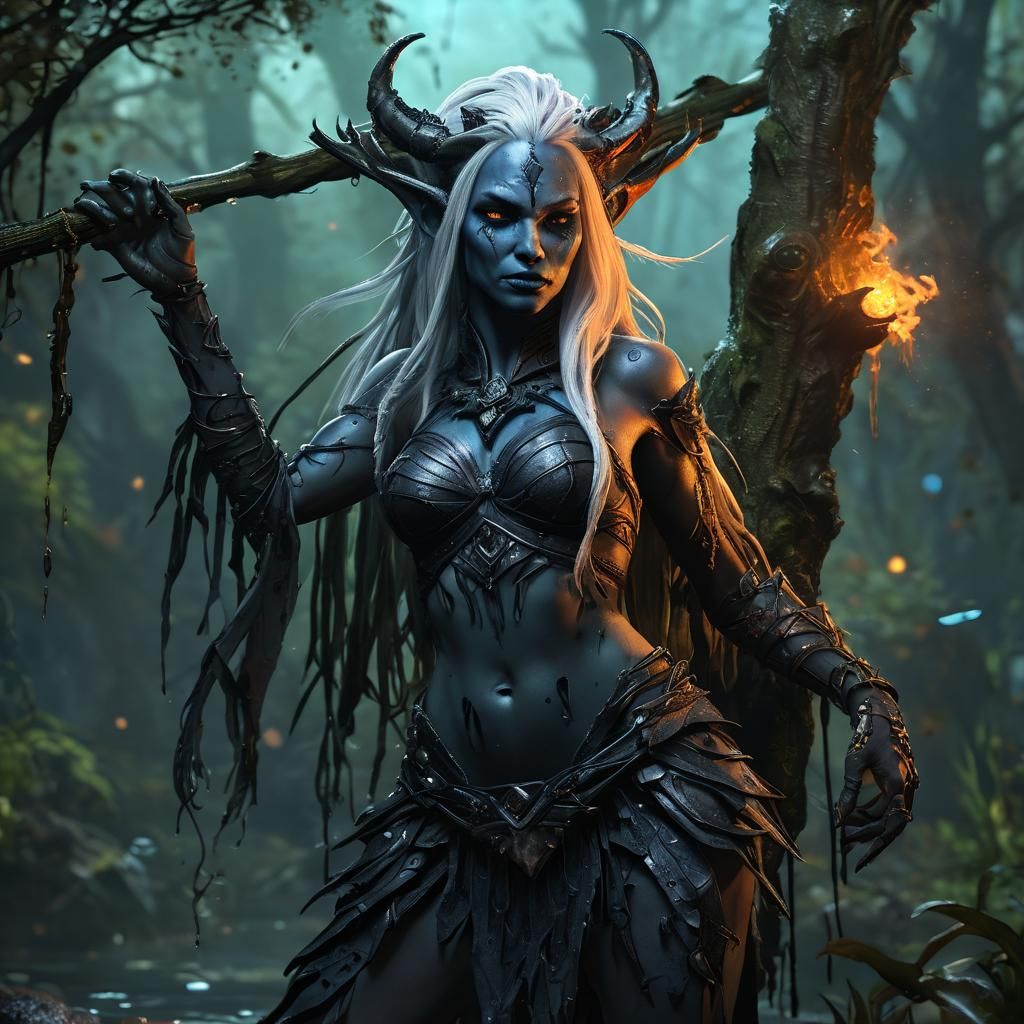 Hyperrealistic Drow Swamp Queen in Splash Art Style