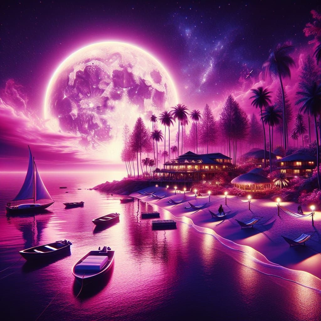 Magenta Moonlit Beach Holiday Resort at Night