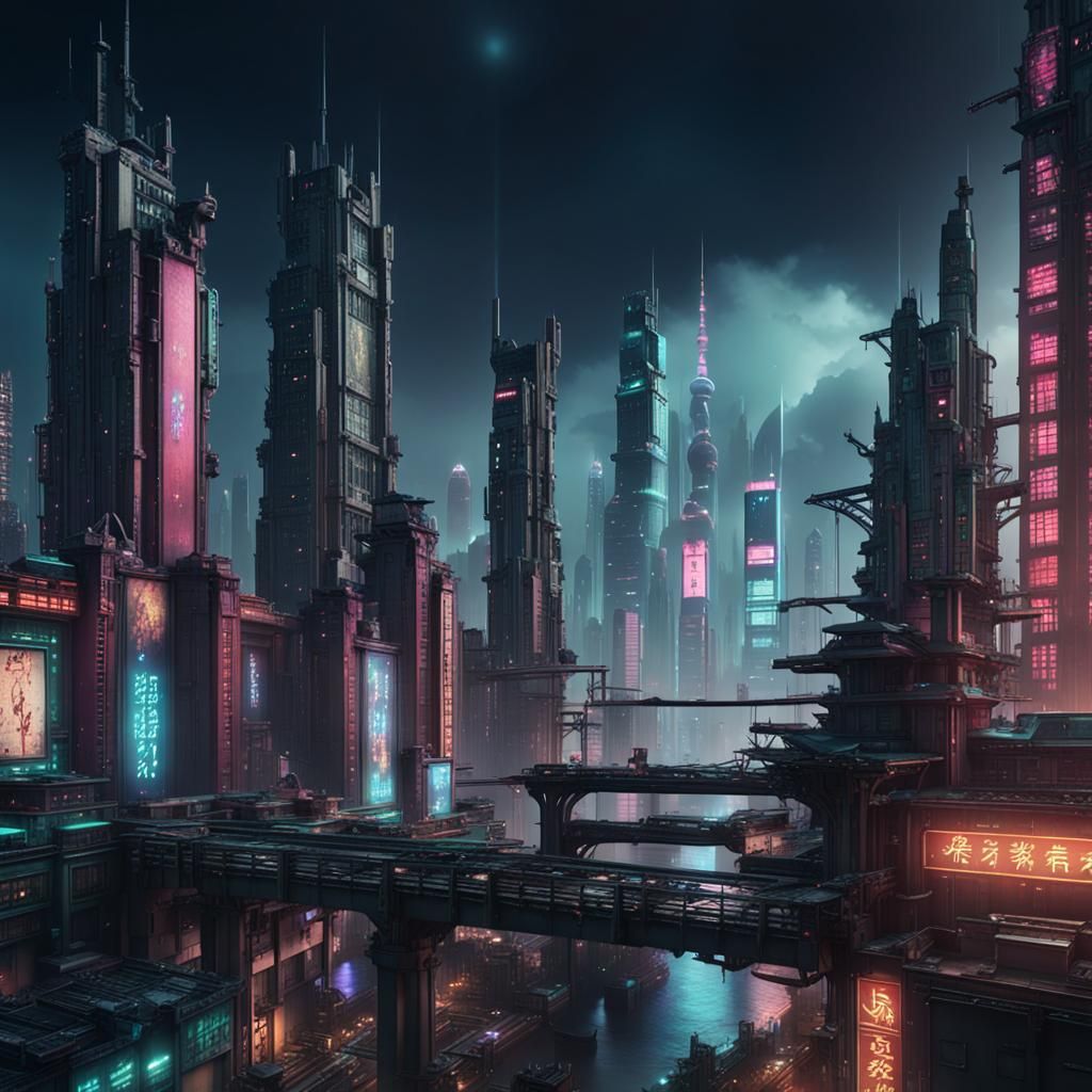 Shanghai Cyberpunk Night Skyline: Detailed Matte Painting