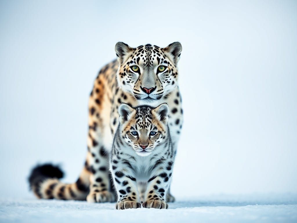 Snow Leopard Silhouette with Kitten