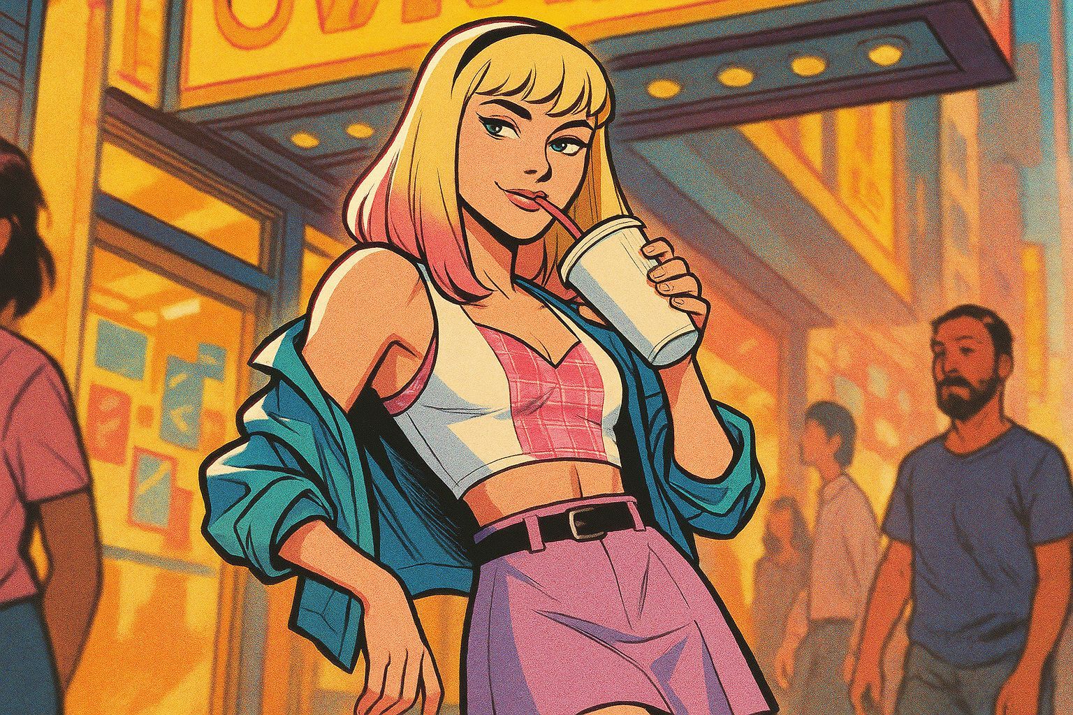 Gwen Stacy on City Sidewalk in Comic Book Style