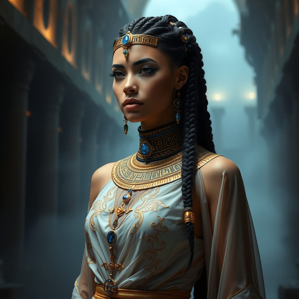 Futuristic Egyptian Queen in Cyberpunk Temple