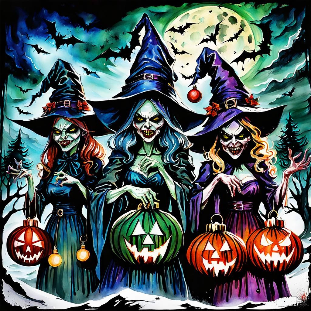 Sinister Christmas Witch Sorority in Mixed Media