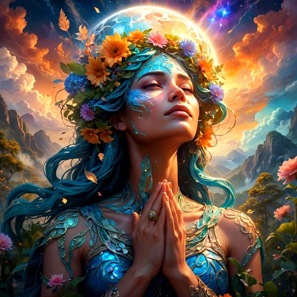 Goddess Cradling Earth with Astral Clouds