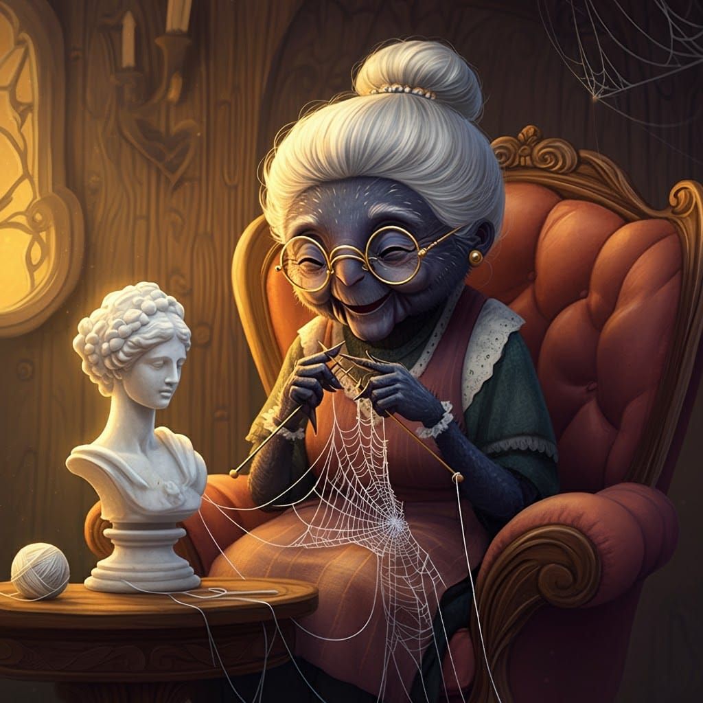 Spider Granny Knits Statue in Whimsical Style