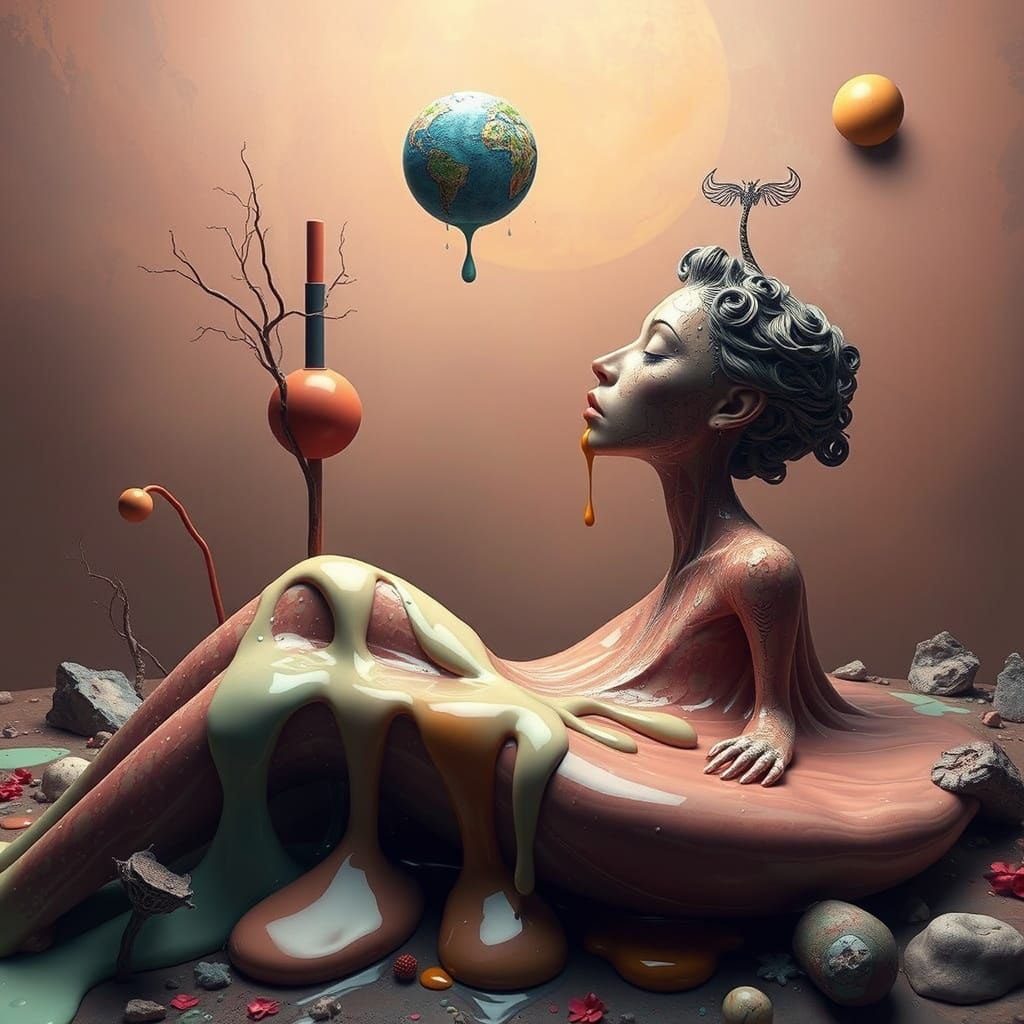 Surreal Dreamscape with Melting Objects in Salvador Dali Sty...