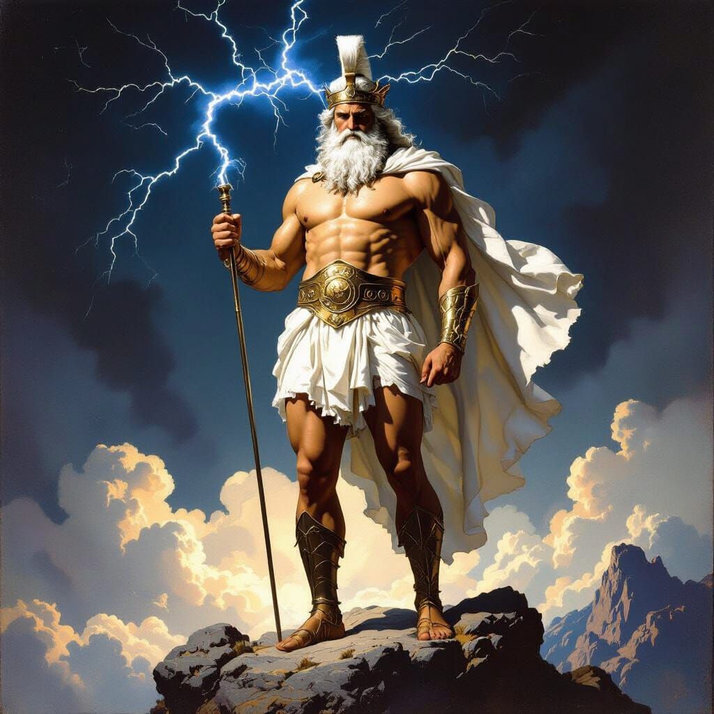 Wrathful Zeus on Mount Olympus: A Classical Oil Painting