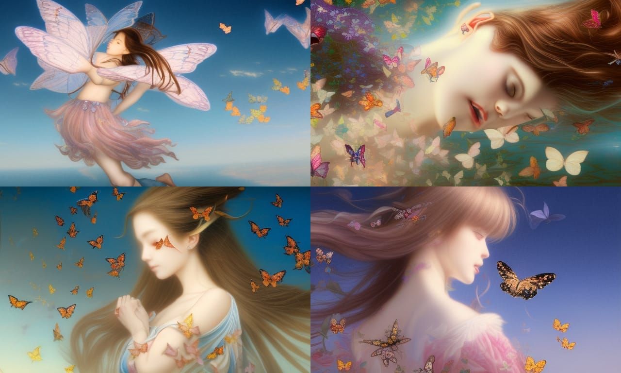 Girl Flying with Butterflies in Ornate Dreamscape