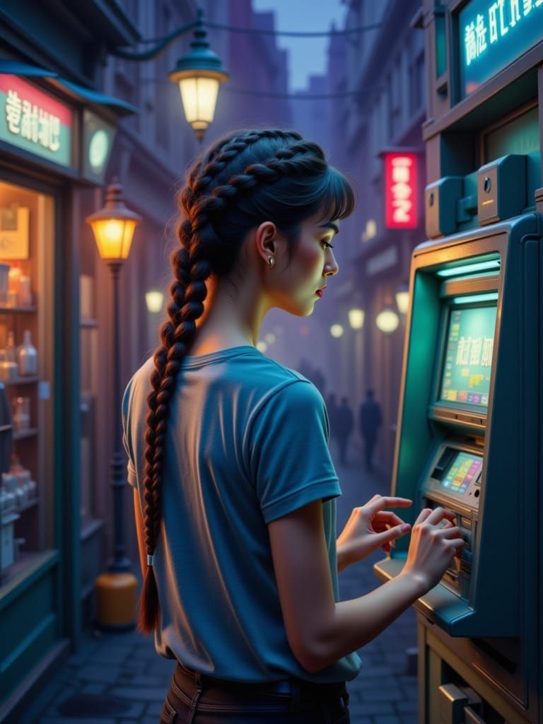 Woman at Japanese ATM at Twilight