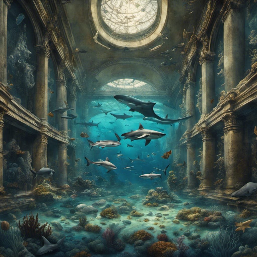 Depict the Louvre Museum submerged beneath the ocean's surface, with sharks and other marine creatures exploring the sun...