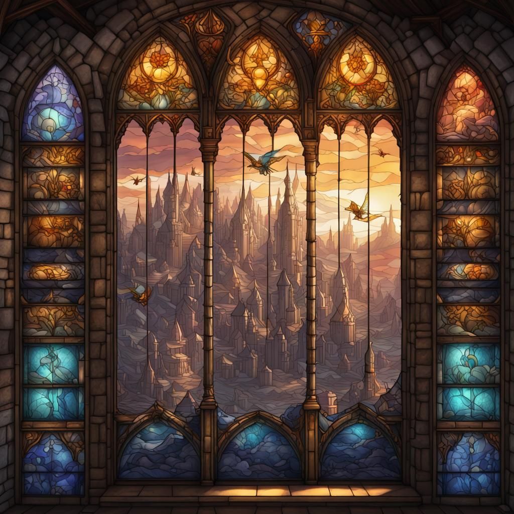 Stained Glass Window of a Flying Mage City