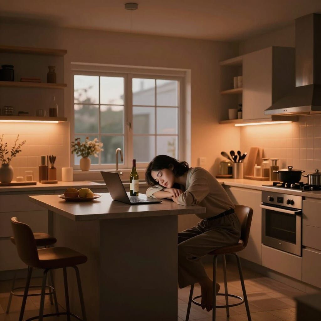 Woman Sleeping at Kitchen Island in Warm Light