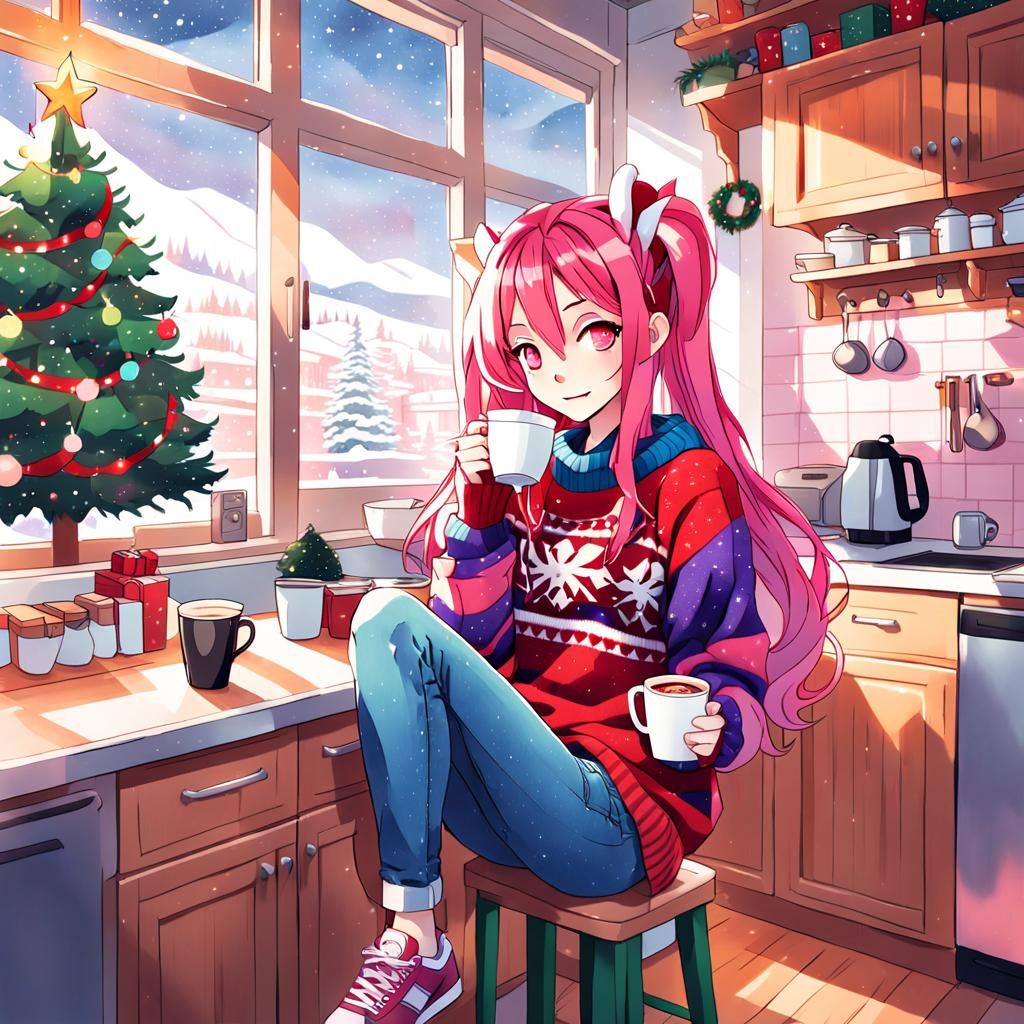 Surreal Winter Scene with Anime-Inspired Girl in Vibrant Col...