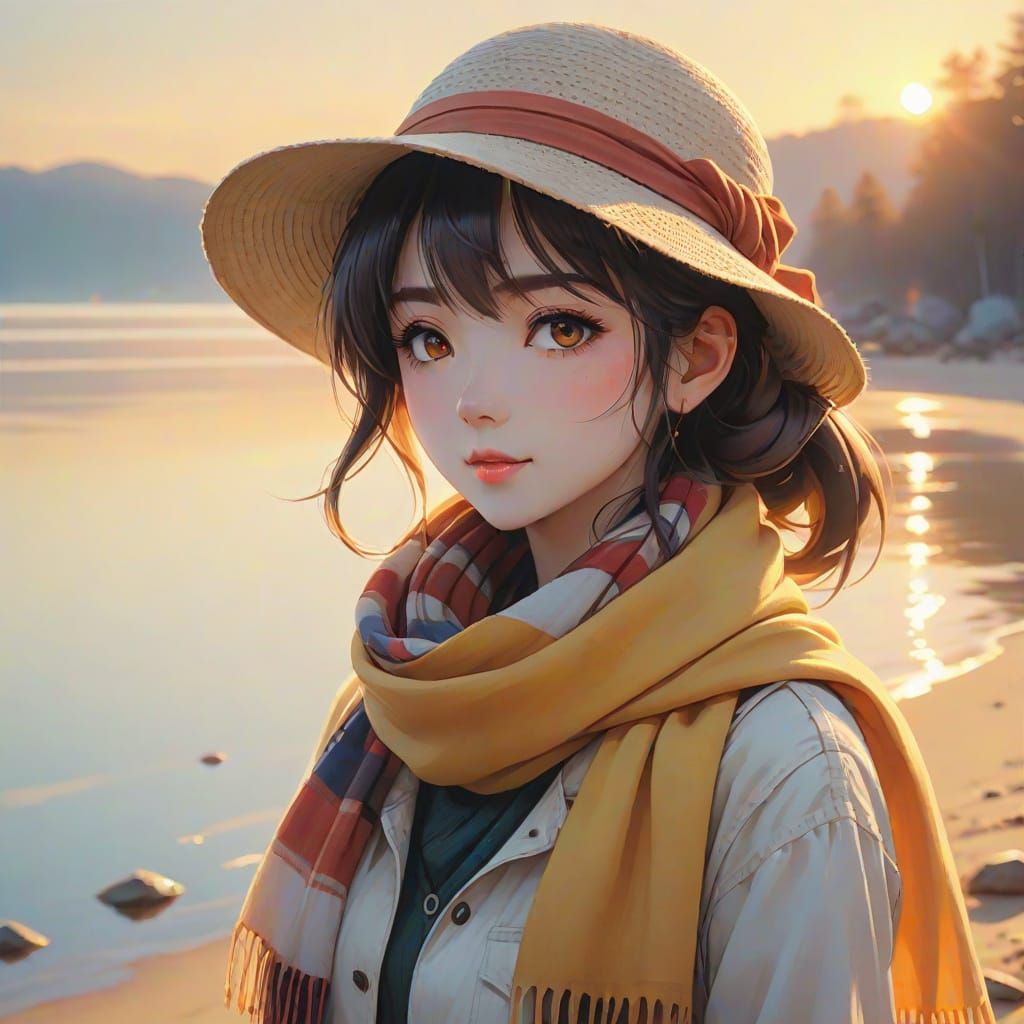 Anime Girl on Beach in Golden Hour Light