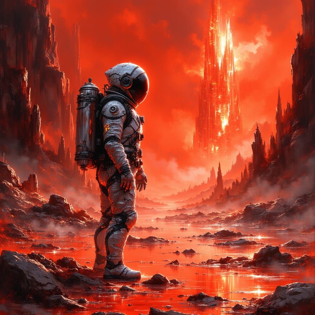 Astronaut on Crimson Planet with Crystalline Structure