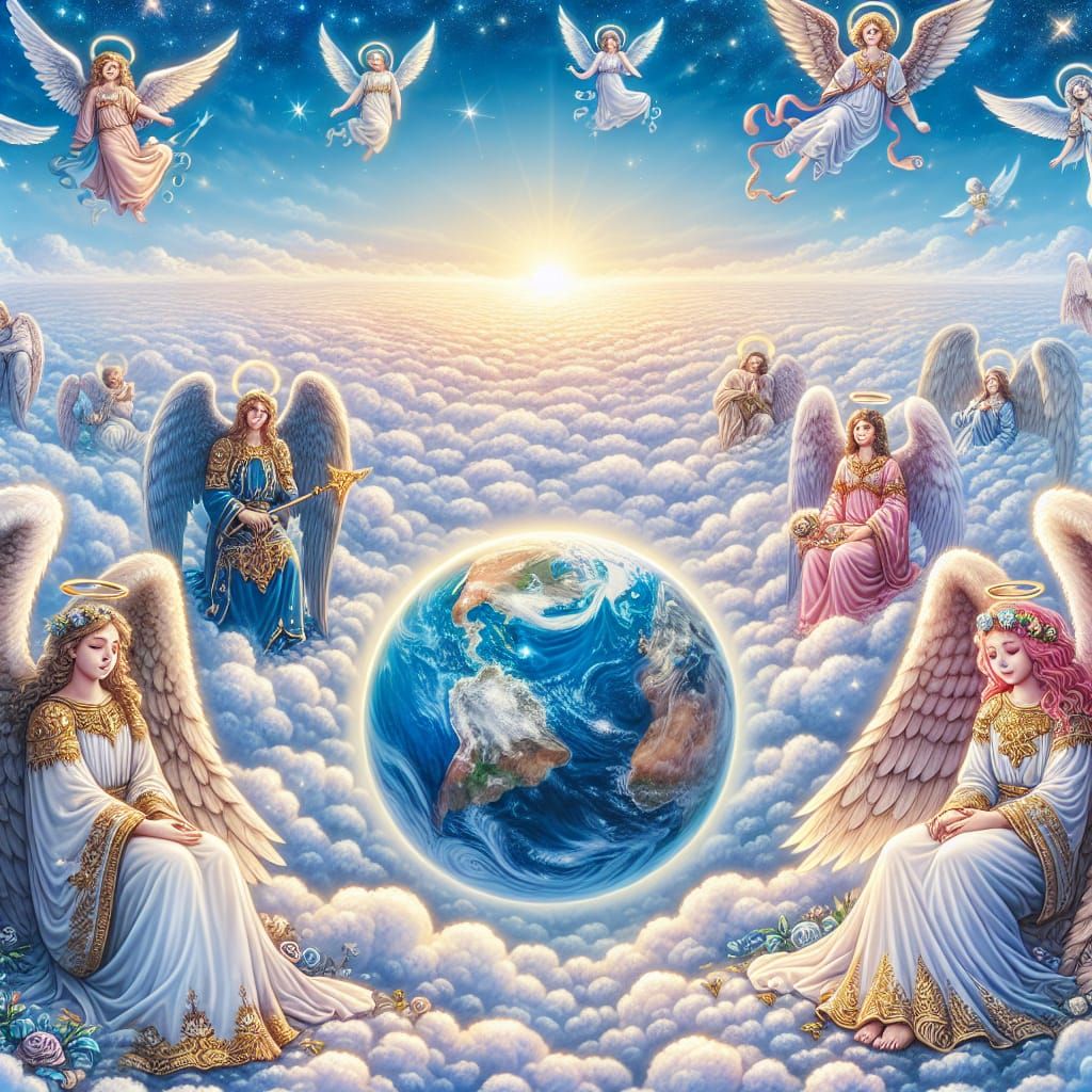 Angels Overlooking Earth From Celestial Clouds