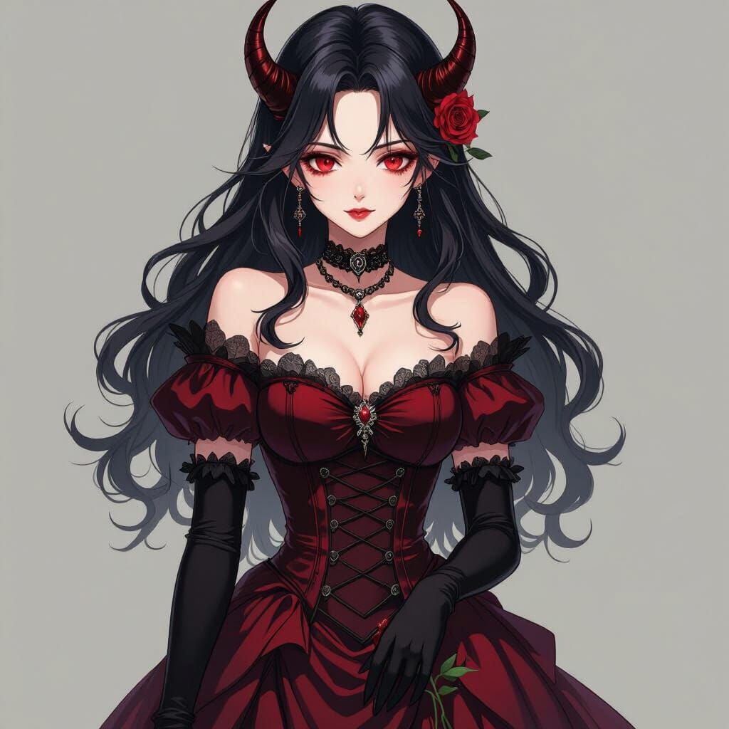 Anime Demon in Victorian Dress with Bloodred Eyes